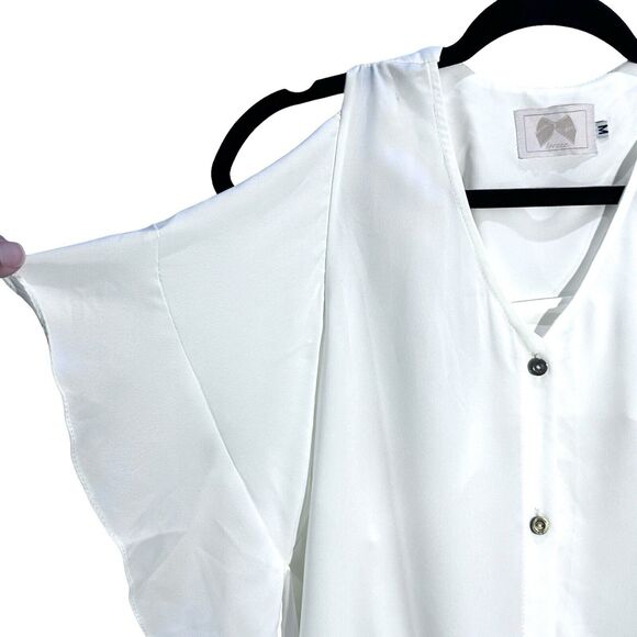 lorane Womens Designer Cold Shoulder Button Up Butterfly Sleeve Ivory Size Med - Picture 4 of 9